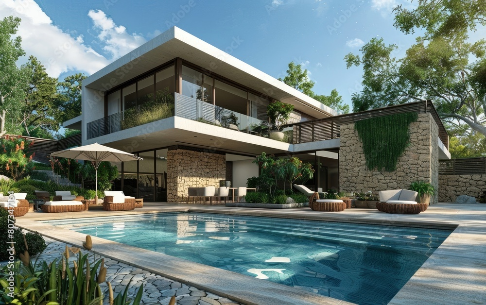 Modern house with pool and wicker patio furniture.