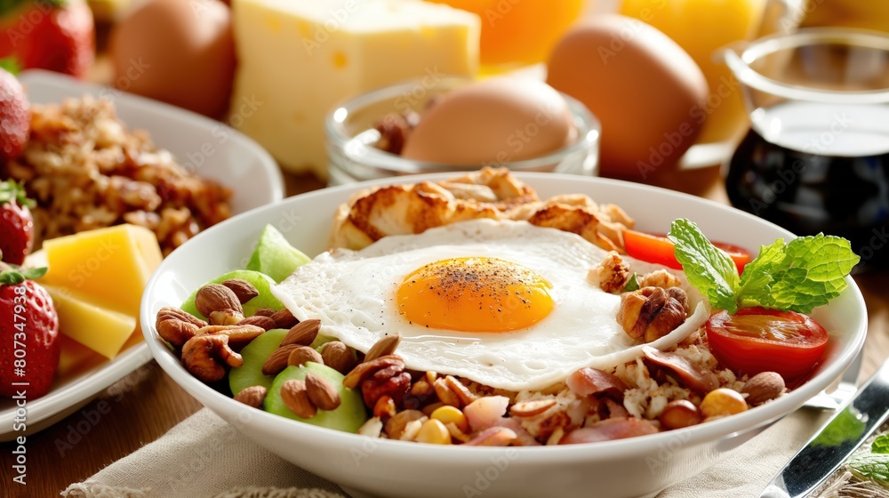 A bowl of food topped with a fried egg A bowl of food topped with a fried egg