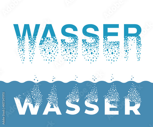 The word "water" in German dissolves into droplets. Drops of liquid fall out as precipitation. Destruction effect. Dispersion