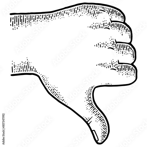 Thumb down hand gesture sketch engraving PNG illustration. Scratch board imitation. Black and white hand drawn image.