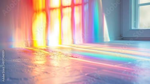 Macro detail of rainbow light rays on a white wall.