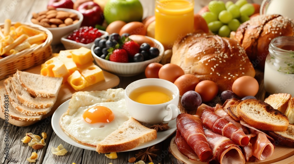 Various breakfast items arranged on a table Various breakfast items arranged on a table