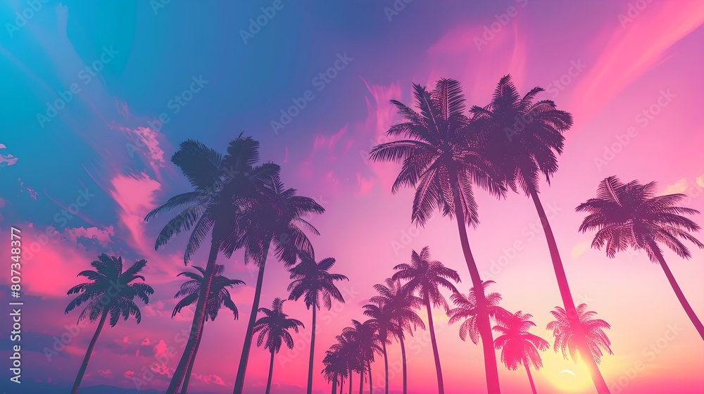 Palm trees against sunset sky background. Summer vacation concept. Retrowave, synthwave, vaporwave aesthetics. Retro style, webpunk, retrofuturism. Illustration for design, poster, banner Palm trees against sunset sky background. Summer vacation concept. Retrowave, synthwave, vaporwave aesthetics. Retro style, webpunk, retrofuturism. Illustration for design, poster, banner
