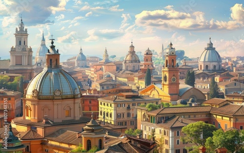 Panoramic view of a vibrant cityscape with historical buildings and domed structures.