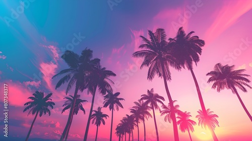 Palm trees against sunset sky background. Summer vacation concept. Retrowave, synthwave, vaporwave aesthetics. Retro style, webpunk, retrofuturism. Illustration for design, poster, banner