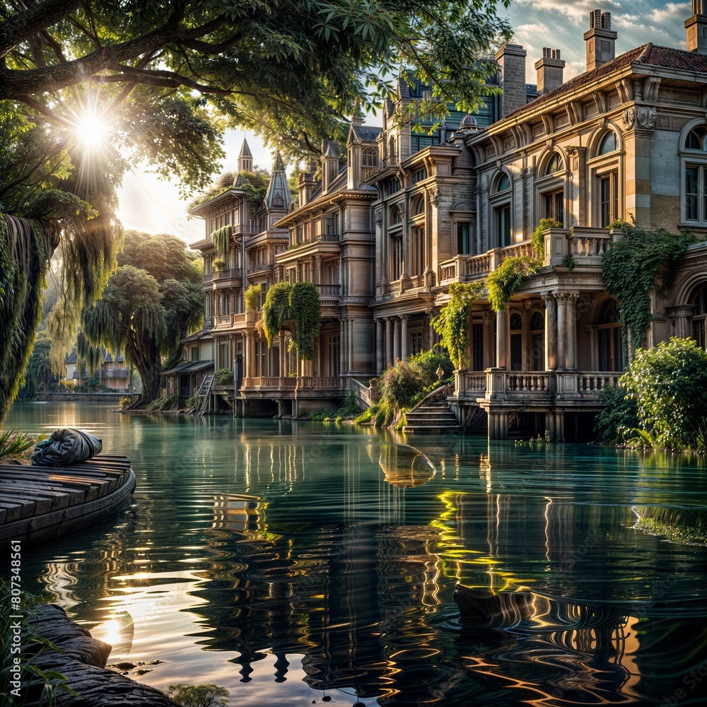 Fototapeta premium A structure by the water, amidst trees in a natural landscape