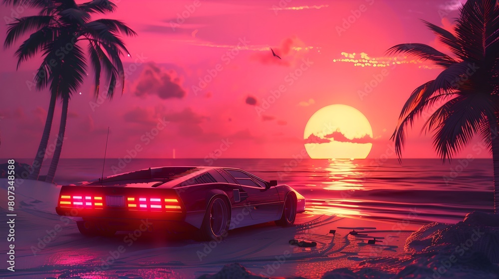Retro car on tropical beach background. Summer vacation concept. Retrowave, synthwave, vaporwave aesthetics. Retro style, webpunk, retrofuturism. Illustration for design, wallpaper with copy space