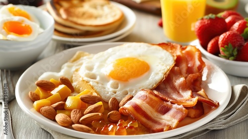 A white plate holds bacon, eggs, and toast