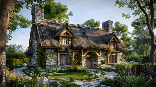 A house design featuring a traditional cottage with stone walls and a thatched roof, set in a serene rural setting.