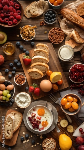 A variety of breakfast foods displayed on a wooden table