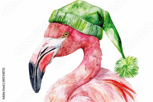 A festive watercolor painting of a flamingo wearing a Santa hat. Perfect for holiday themed designs photo