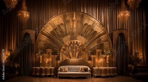 Opulent Art Deco Stage adorned with ornate details and gilded trimmings  creating a stunning backdrop for upscale events.