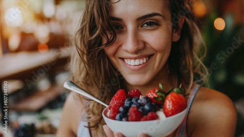 A woman smiles while holding a bowl of fresh fruit