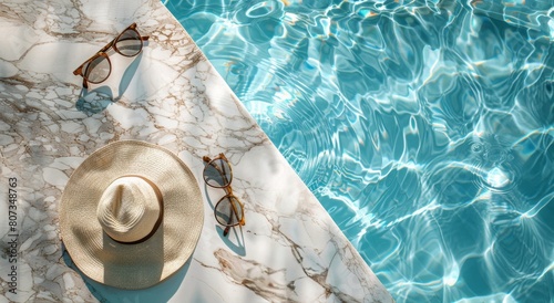 Hat, Sunglasses, and Straw Hat by Pool