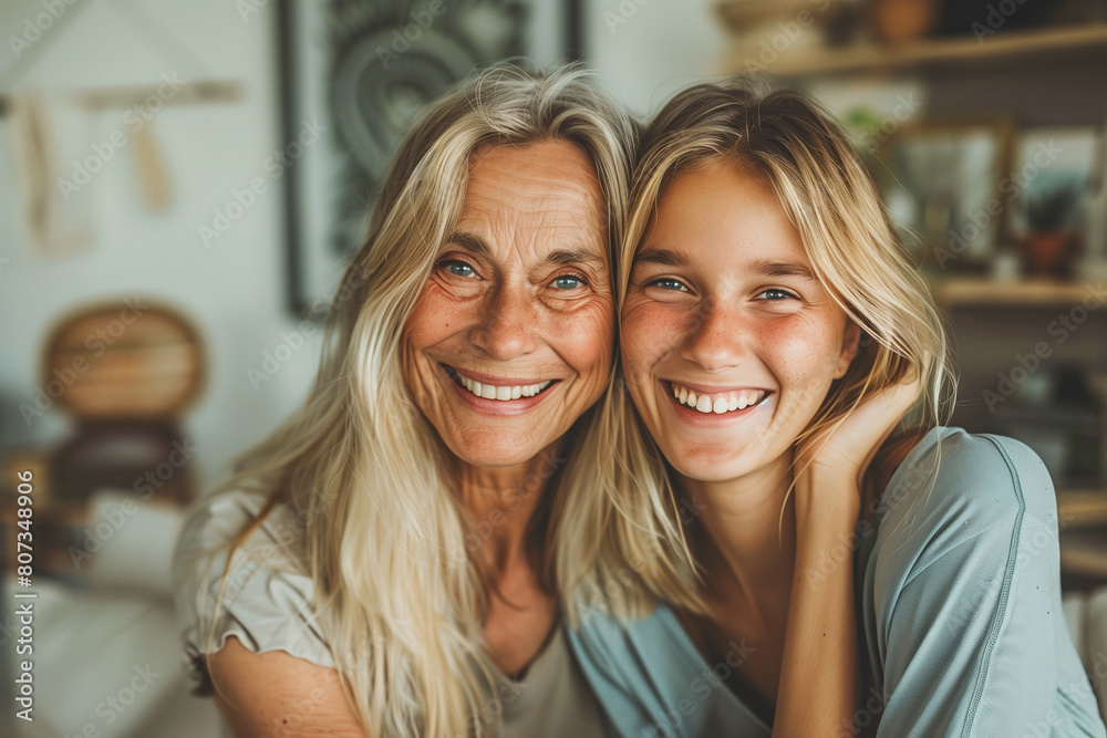 Happy blonde elderly mom and young daughter posing at home, looking at camera with toothy smiles Happy blonde elderly mom and young daughter posing at home, looking at camera with toothy smiles