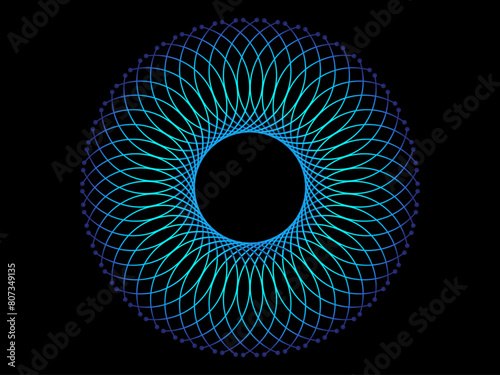 Abstract circle line round frame pattern spin blue green light isolated on black background in the concept of music, digital technology, modern science