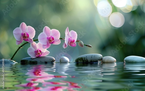 Pink orchids and smooth stones over rippling water with a soft green background.