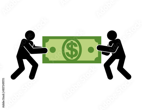 Businessmen pull money. People share profit . Concept of making financial profit