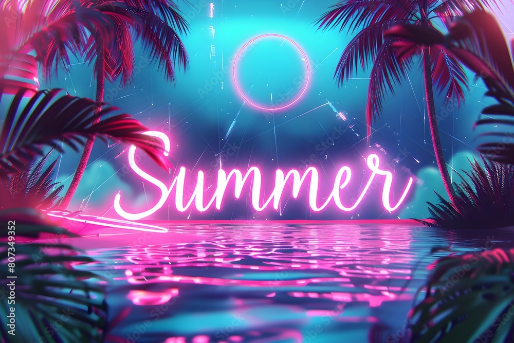 Tropical beach with summer greeting background. Welcome summer text. Retrowave, synthwave, vaporwave aesthetics. Retro style, webpunk, retrofuturism. Illustration for design, print, poster