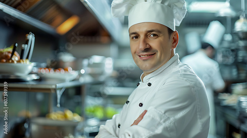 A captivating image featuring a talented chef, exuding confidence and warmth as they gaze directly at the camera with a proud smile