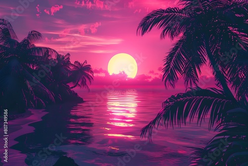 Tropical beach at sunset background. Summer vacation concept. Retrowave, synthwave, vaporwave aesthetics. Retro style, webpunk, retrofuturism. Illustration for design, print, poster