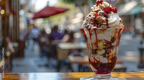 An 8K portrait of an ice cream sundae with multiple flavors  topped with whipped cream and cherries  set on an outdoor caf  C  table with a vibrant city street in the background