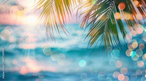 Abstract Summer Setting Featuring Blurred Sea, Palm Leaves, and Defocused Bokeh Lights. © vannet