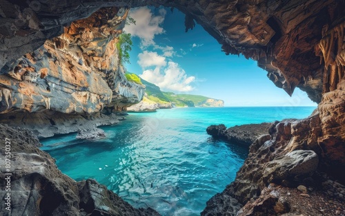 Rugged coastal cave with stalactites overlooking a serene ocean. photo