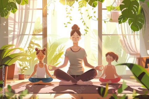 A woman sitting on a yoga mat with two children. Suitable for health and wellness concepts