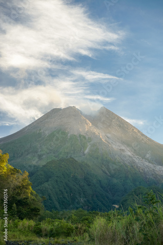 a beautiful portrait of merapi mountain in spring at yogyakarta  indonesia.