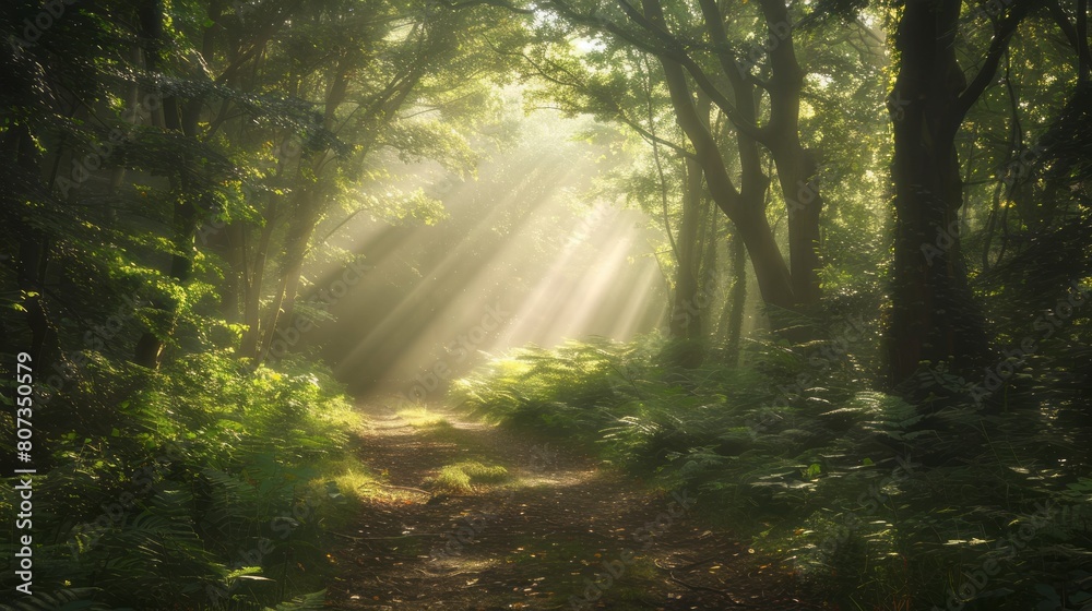 Obraz premium Sunlight Filtering Through A Dense Woodland Trail Image.
