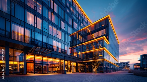An 8K realistic image of a modern hotel facade at dusk, with illuminated windows and a sleek, contemporary design featuring glass and steel structures. photo