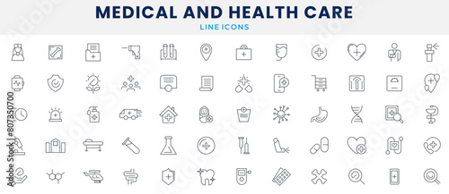 Medicals and Health Care line icons set. Healthcare, medical, medicine, check up, doctor, dentistry, pharmacy, lab, scientific discovery icons collection.