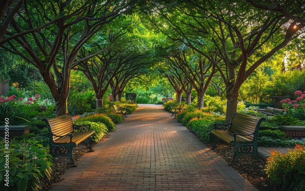 Serene garden pathway lined with lush trees and inviting benches.