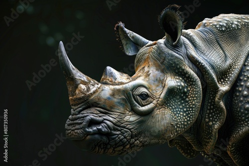 A close up image of a rhino in a dark setting. Suitable for wildlife and conservation themes