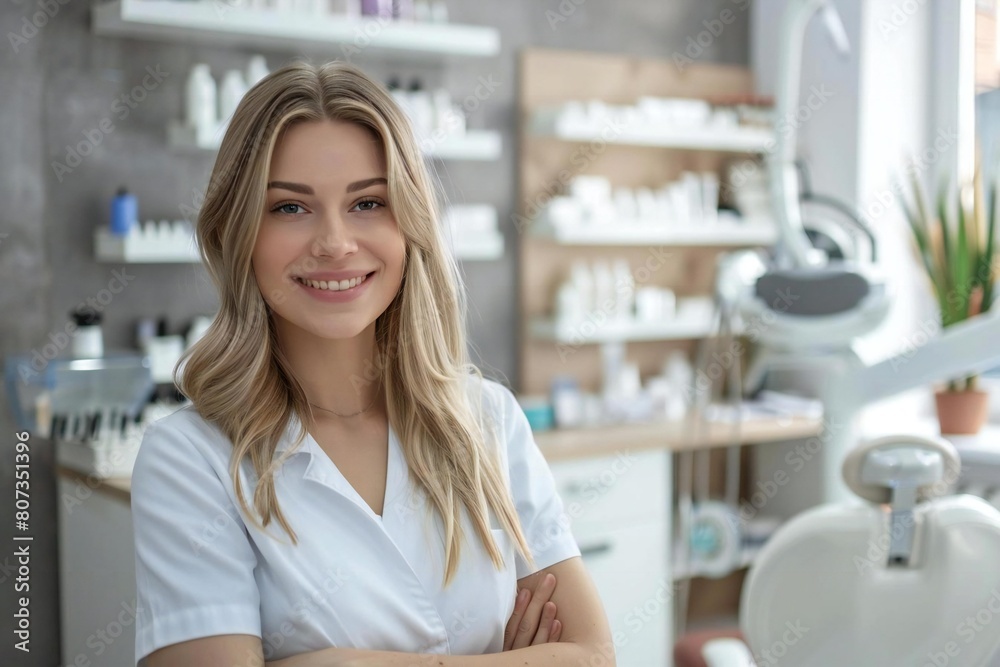 Glowing Beauty: Portrait of a Smiling Female Cosmetologist in Her Salon Glowing Beauty: Portrait of a Smiling Female Cosmetologist in Her Salon