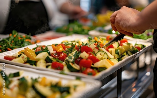 Serving mixed vegetables from a buffet onto a white plate. photo