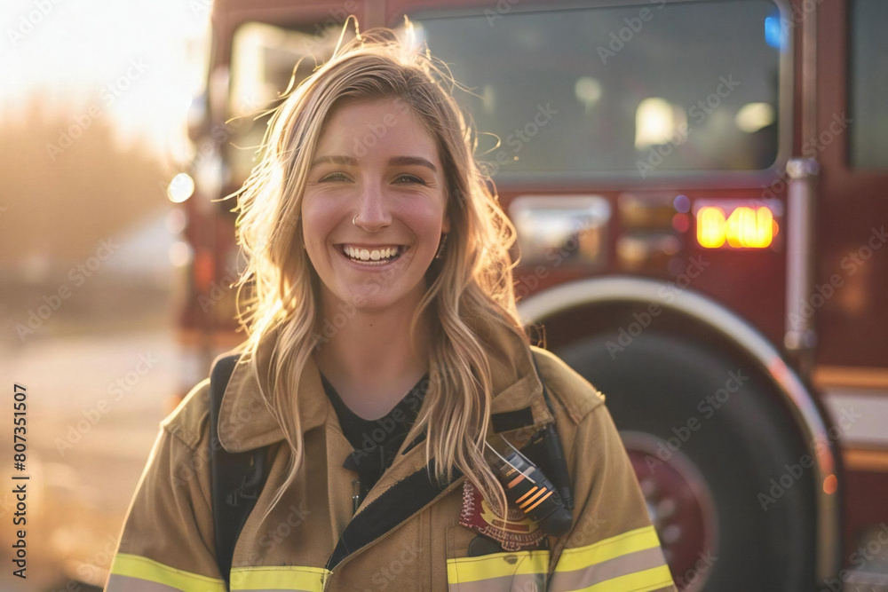 Fototapeta premium Courage in Uniform: Female Firefighter Ready to Serve