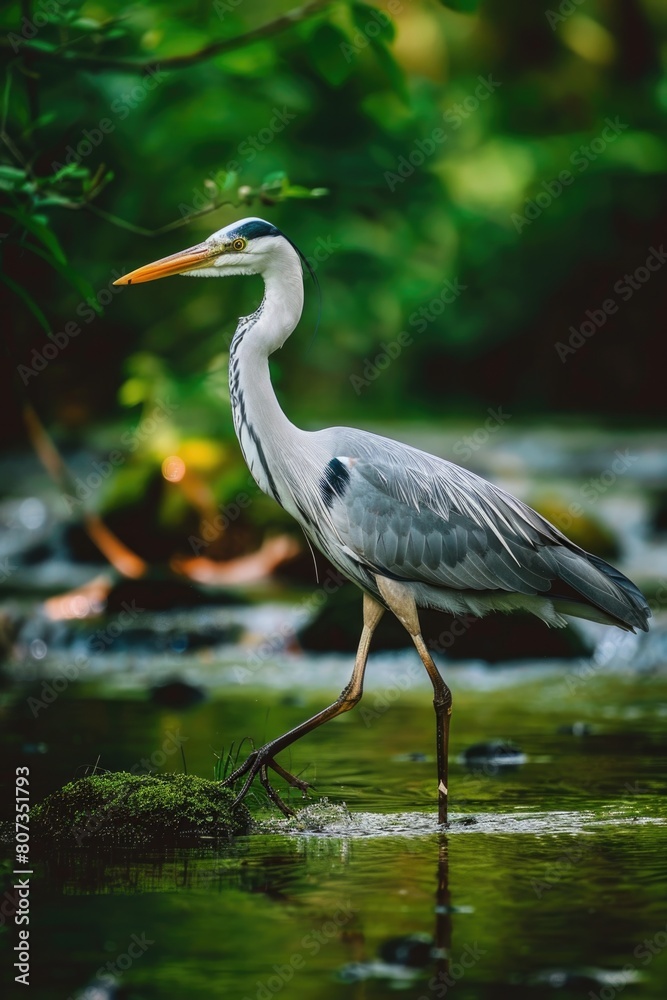 Fototapeta premium A bird standing on a rock in a river. Suitable for nature-themed designs