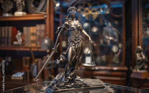 Silver statue of Lady Justice in an office with scales and sword.