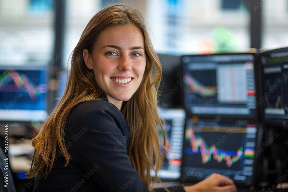 Confident Woman: A Portrait of a Smiling Female Stockbroker in Her Office Confident Woman: A Portrait of a Smiling Female Stockbroker in Her Office