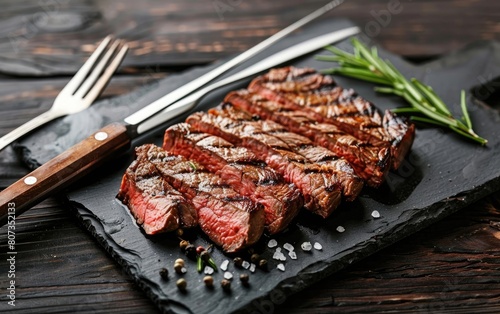 Sliced grilled steak on slate with rosemary and tongs on a dark wooden background. photo