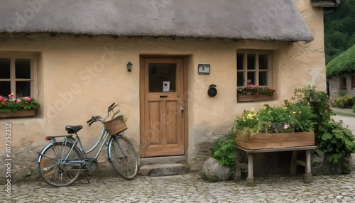 A bicycle parked outside a cozy cottage in a pictu upscaled 2 photo