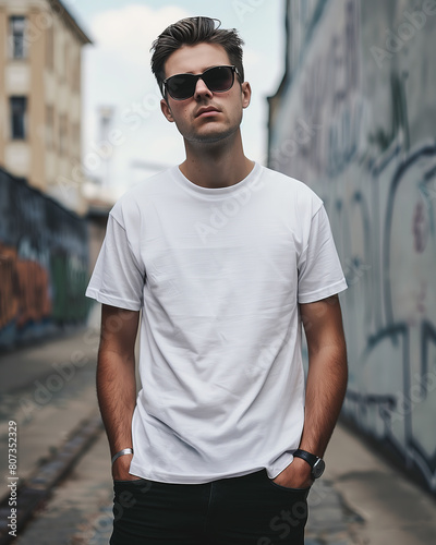 Casual man wearing sunglasses with his hands in his pockets wering a plain white T-Shirt