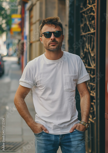 Casual man wearing sunglasses with his hands in his pockets wering a plain white T-Shirt