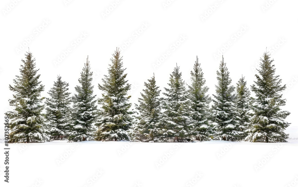 Fototapeta premium Snow-dusted evergreen trees isolated against a white backdrop.