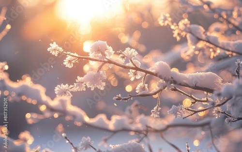 Snow-covered branches under a soft winter sun, evoking a tranquil, frosty morning.