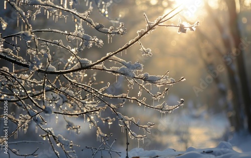 Snow-covered branches under a soft winter sun  evoking a tranquil  frosty morning.