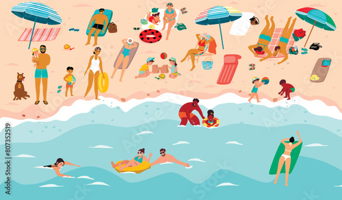 Summer vacation cartoon illustration with people relaxing on the sea beach.Families with children, young couples, women and men.Vector design with sunbathing, swimming and playing characters. 