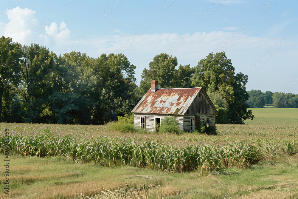 Fototapeta premium farmhouse in a cornfield, minimalistic style